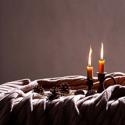 Two Lit Candles with Pine Cones