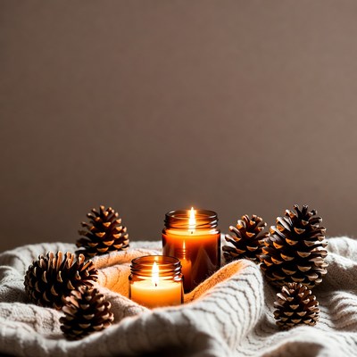 Pine Cones and Lit Candles on Blanket