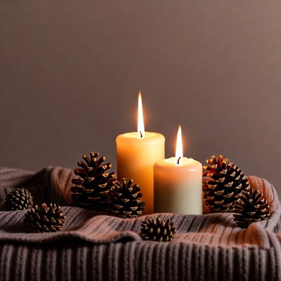Burning Candles with Pine Cones
