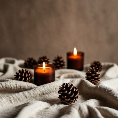 Burning Candles with Pine Cones