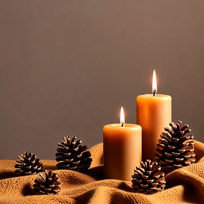 Burning Candles with Pine Cones