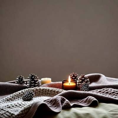 Pine Cones Candles on Knitted Blanket