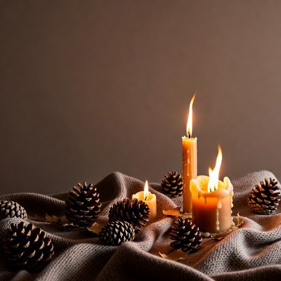 Burning Candles with Pine Cones