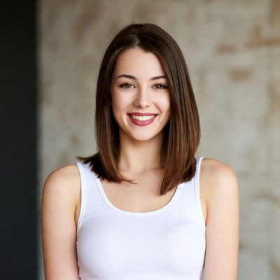 Smiling woman in white tank top