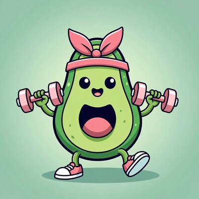 Cartoon Avocado Lifting Dumbbells