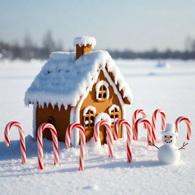 Gingerbread house with candy canes and snowman