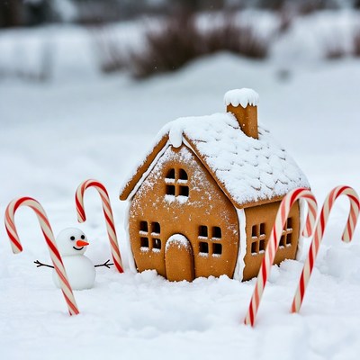 Gingerbread house with snowman and candy canes