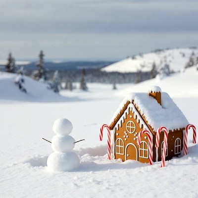 Gingerbread house with snowman in snowy landscape