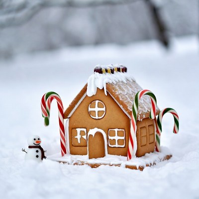 Gingerbread house with candy canes and snowman