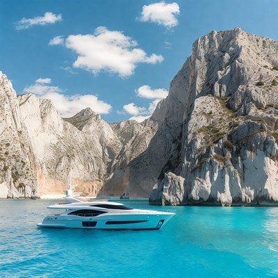 White Yacht in Turquoise Lagoon Cliffs