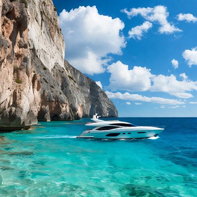 Luxury Yacht Cruising Turquoise Waters Cliffs