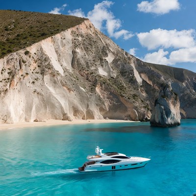 Luxury Yacht Cruising Turquoise Waters Near Cliffs