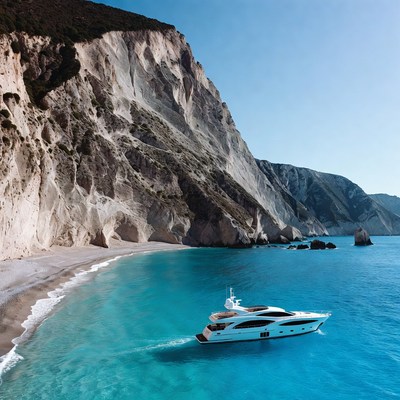 White Yacht Cruising Near Cliff Beach