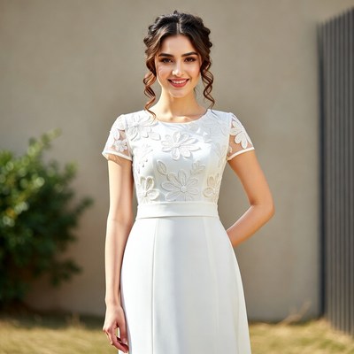 Woman in white lace floral dress
