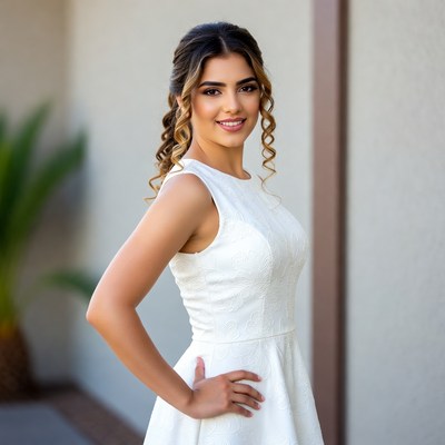 Smiling woman in white dress outdoors