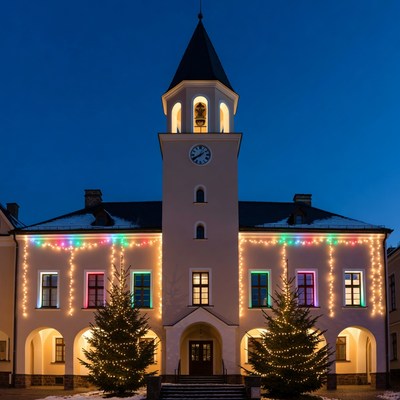Christmas Lights Church Snowy Night