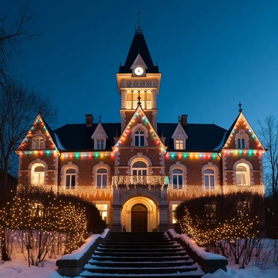 Christmas Lights Historic Building Snow