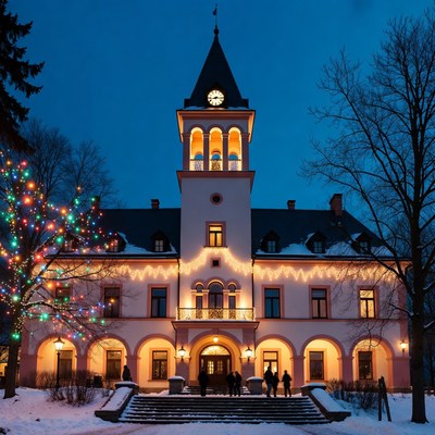 Christmas-Lit Historic Building at Night
