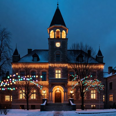 Christmas Lights on Snowy Church Tower