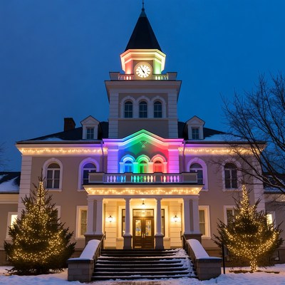 Clock Tower Building with Rainbow Lights