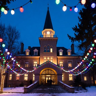 Christmas-Lit Historic Building with Clock Tower