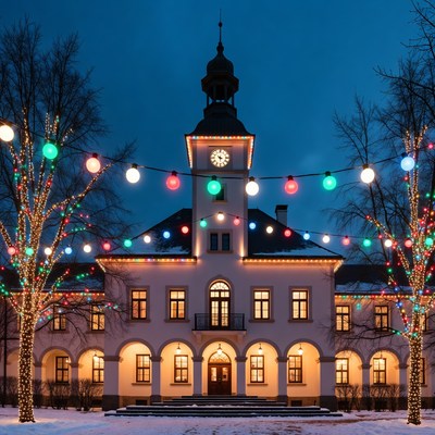 Christmas-lit Town Hall at Night