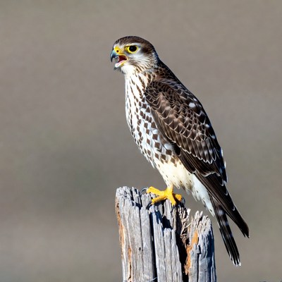 Falcon perched on wooden post