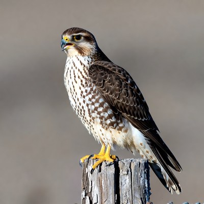 Falcon perched on wooden post