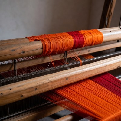 Wooden Loom with Orange Red Threads