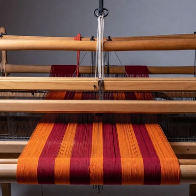 Wooden Loom with Red Orange Fabric