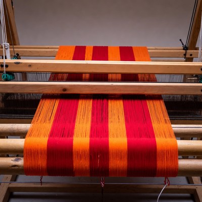 Wooden Loom with Red Orange Fabric
