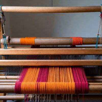 Wooden Loom with Colorful Woven Fabric
