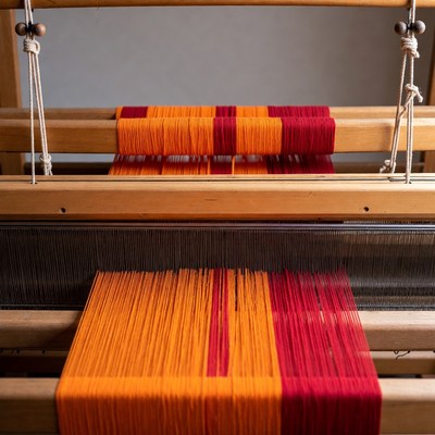 Wooden Loom with Orange Red Threads