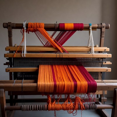 Wooden Loom with Orange Red Yarn