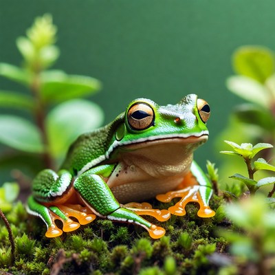 Green tree frog on moss