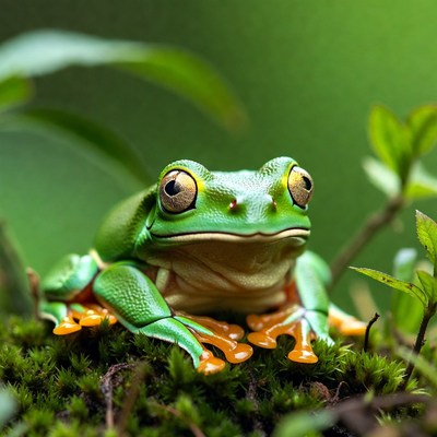 Green tree frog on moss