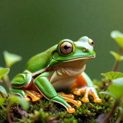 Green tree frog on moss