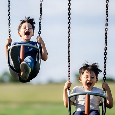 Two Asian boys swinging on playground swings