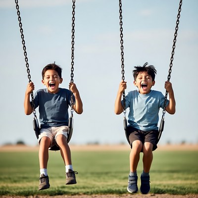 Two boys swinging on playground swings