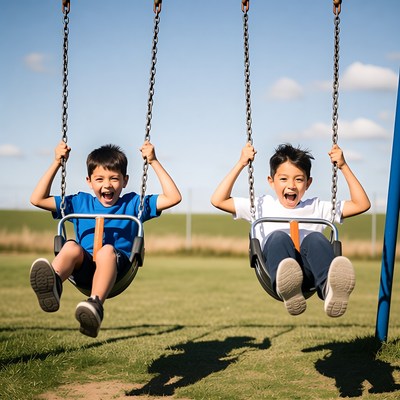 Two boys swinging on playground swings