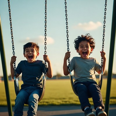 Two boys swinging on playground swings