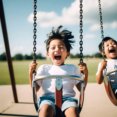 Two Asian boys swinging on playground swings