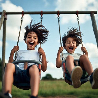 Two boys swinging on playground swings