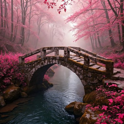 Stone Bridge in Pink Cherry Forest