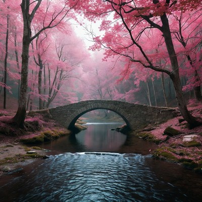 Pink Cherry Blossom Bridge Over Stream