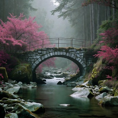 Pink Cherry Blossom Bridge over Misty Forest Stream