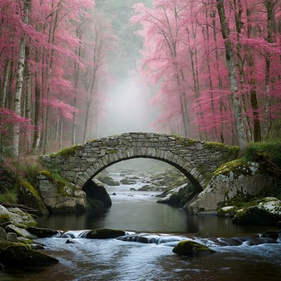 Stone Bridge Over River in Pink Forest