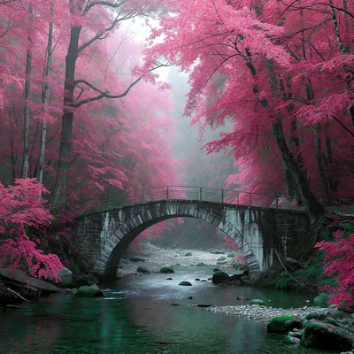 Pink Autumn Forest Stone Bridge