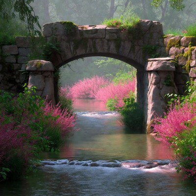 Stone Arch Bridge Over Pink Flower Stream