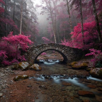 Pink Forest Stone Bridge Over Stream